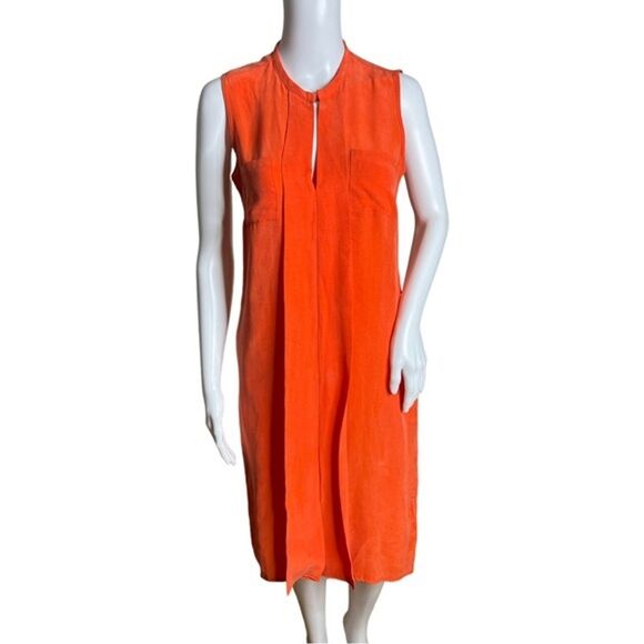 Massimo Dutti Dress Women Small Orange Sleeveless Pleat Front Keyhole Midi Party - Picture 1 of 5